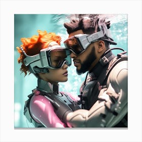 3d Dslr Photography The Weeknd, Xo Under The Sea Water Swimming Holding Each Other, Cyberpunk Art, By Krenz Cushart, Both Are Wearing A Futuristic Swimming With Helmet Suit Of Power Armor Canvas Print