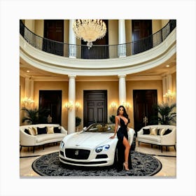 Woman Posing With A Bentley Canvas Print