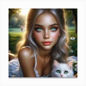 Portrait Of A Girl With A Cat Canvas Print