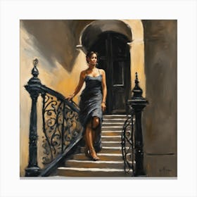 Evening Elegance: A Graceful Descent on Timeless Stairs Canvas Print
