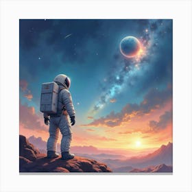 A Watercolor Astronaut Standing On An Asteroid Looking At Distant Galaxies 1 Canvas Print