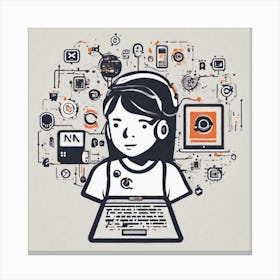 Illustration Of A Girl Using A Laptop Canvas Print