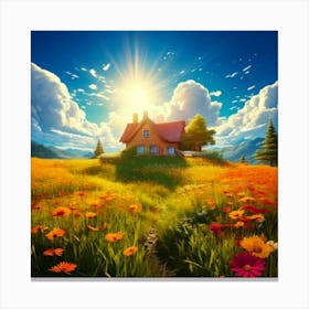 Firefly House, Sun, Cloud, Flower, Meadow, Nature, Landscape, Serene, Bright, Cheerful, Picturesque, Canvas Print