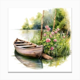 Watercolor Boat On The Lake Canvas Print