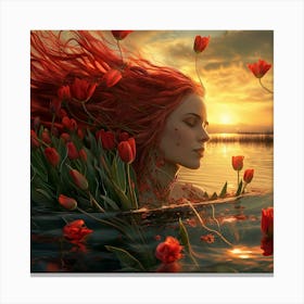 Tulip Woman In Sunset Pond 2 Canvas Print