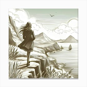 A Sketch Of A Woman Standing On A Cliff Looking At The Sea In A Fancy Art Style 3 Canvas Print