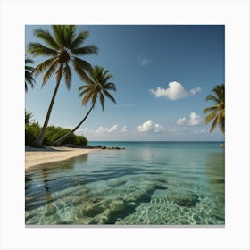 A Tranquil Beach With Crystal Clear Water And Palm Trees Swaying In The Breeze 2 Canvas Print