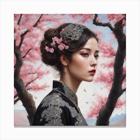 Asian Woman With Cherry Blossoms Canvas Print