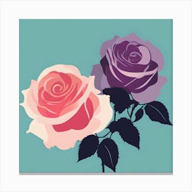 Two Roses, Coral and Purple on Turquoise Background Canvas Print