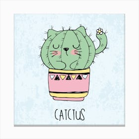 Hand Drawn Sketch Cute Kawaii Cat Cactus In A Flowerpot Canvas Print