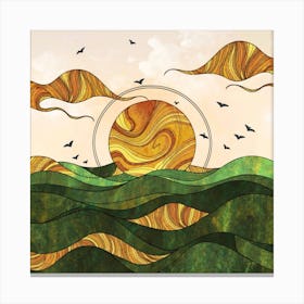 Straight and broken flowing lines and tree shapes, gold, sage, orange, lemon and brown calligraphy drawing in the form of a tropical ocean. 3 Canvas Print