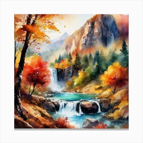 Fall Landscape in beautiful valley with stream, Watercolor Canvas Print