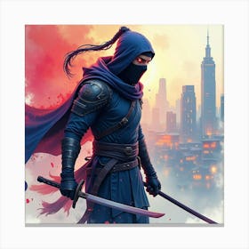 Ninja Fighter With A Watercolor Vibrant Cyber City 1 Canvas Print