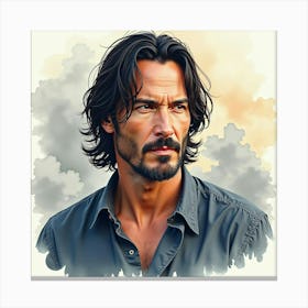 Watercolor Portrait Of Keanu Reeves Against A Backdrop Of Swirling Clouds Canvas Print