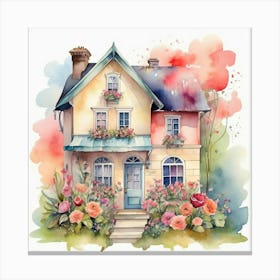 Watercolor House With Flowers Art Print 3 Canvas Print