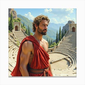 A Stunning Greek Man In Watercolor, Surrounded By The Picturesque Beauty Of An Ancient Amphitheater 1 Canvas Print