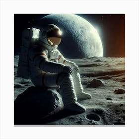 A photo of an astronaut sitting on a rock on the moon, with the moon's surface and the Earth in the background. The astronaut is wearing a white spacesuit with a helmet and a backpack. The moon's surface is gray and dusty, with craters and mountains in the background. The Earth is a blue and white sphere in the distance. The photo is taken from a low angle, making the astronaut appear larger than life. Canvas Print