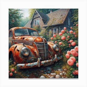 Old Car And Roses Canvas Print
