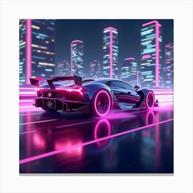 Futuristic Formula Car Glowing In Neon Purple Lights Zooming Past Cyber Buildings 1 Canvas Print