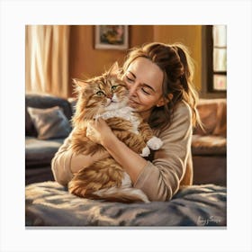 Woman Hugging Her Cat Canvas Print