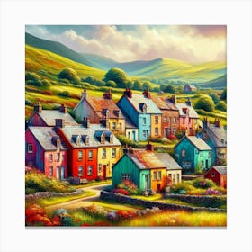 A colorful, whimsical painting of a village nestled in a valley, with hills. Canvas Print