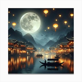 "Enchanting Night Scene: Traditional Chinese Boats on Moonlit Lake with Illuminated Village and Flying Lanterns. Canvas Print