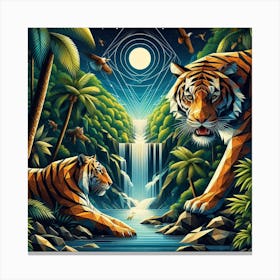 Geometric Art Tigers at the waterfall 3 Canvas Print