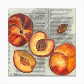 Peaches On Italian Newspaper Oil Painting Fruit Food Kitchen Still Life Canvas Print