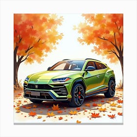 Lamborghini Urus Surrounded By Watercolor Autumn Leaves 1 Canvas Print