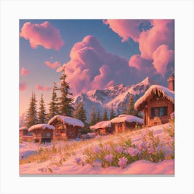 Mountain village snow wooden huts 15 Canvas Print