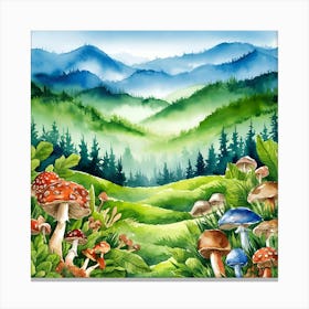 Watercolor Of Mushrooms In The Forest Canvas Print