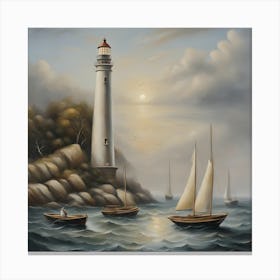 Sailboats At The Lighthouse Canvas Print