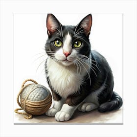 Black And White Cat With A Ball Of Yarn Canvas Print