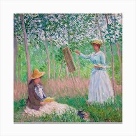 In The Woods At Giverny, Blanche Hoschedé At Her Easel With Suzanne Hoschedé Reading (1887), Claude Monet Canvas Print