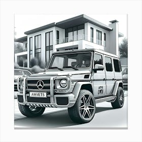 A Pencil Drawing Of A Mercedes Benz G Wagon In Front Of A Beautiful Modern Mansion 1 Canvas Print