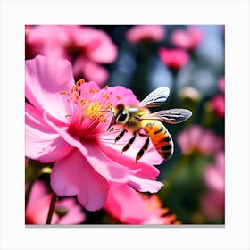 A Close Up Of A Bee Fluttering On A Pink Flower To Suck Its Nectar In A Garden Full Of Flowers Of Va Canvas Print