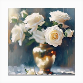 White Roses in Gold Vase Canvas Print