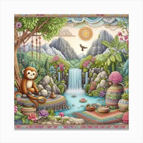 Monkey at the waterfall, Boho style 1 Canvas Print