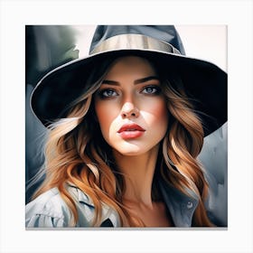 The Explorers Beautiful Daughter with a Black Hat - Watercolor Portrait Painting Canvas Print
