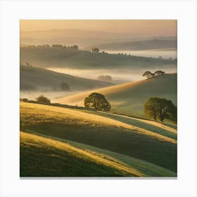 A Serene Sunrise Over Rolling Hills With Mist Canvas Print