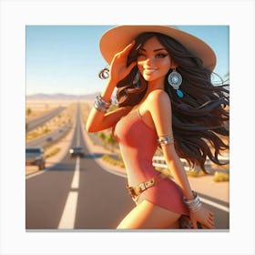 Cartoon Girl On The Road Canvas Print