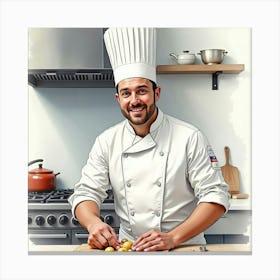 Watercolor Portrait Of A French Chef In A Gourmet Kitchen, Refined And Artistic 1 Canvas Print