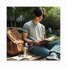 Asian Student Reading A Book Canvas Print