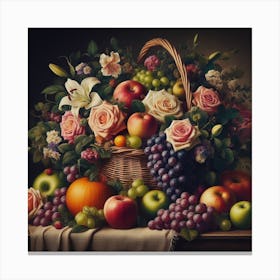 Basket of Beauty: A Classic and Textured Art Print of a Still Life Painting Canvas Print