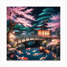 Koi Pond With Cherry Blossoms Paintings Art Print Canvas Print