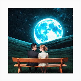 Couple Sitting On Bench In The Moonlight Canvas Print