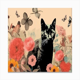 Black Cat In Flowers Canvas Print