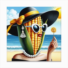 A Corn with Pearl Earrings and Sunglasses on a Sunny Beach: A Realistic and Colorful Pop Art Painting Canvas Print