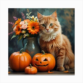 Halloween Cat With Pumpkins And Flowers 1 Canvas Print