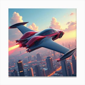 Elegant Flying Car With Futuristic Wings, Soaring Over Vibrant City Skyline 1 Canvas Print